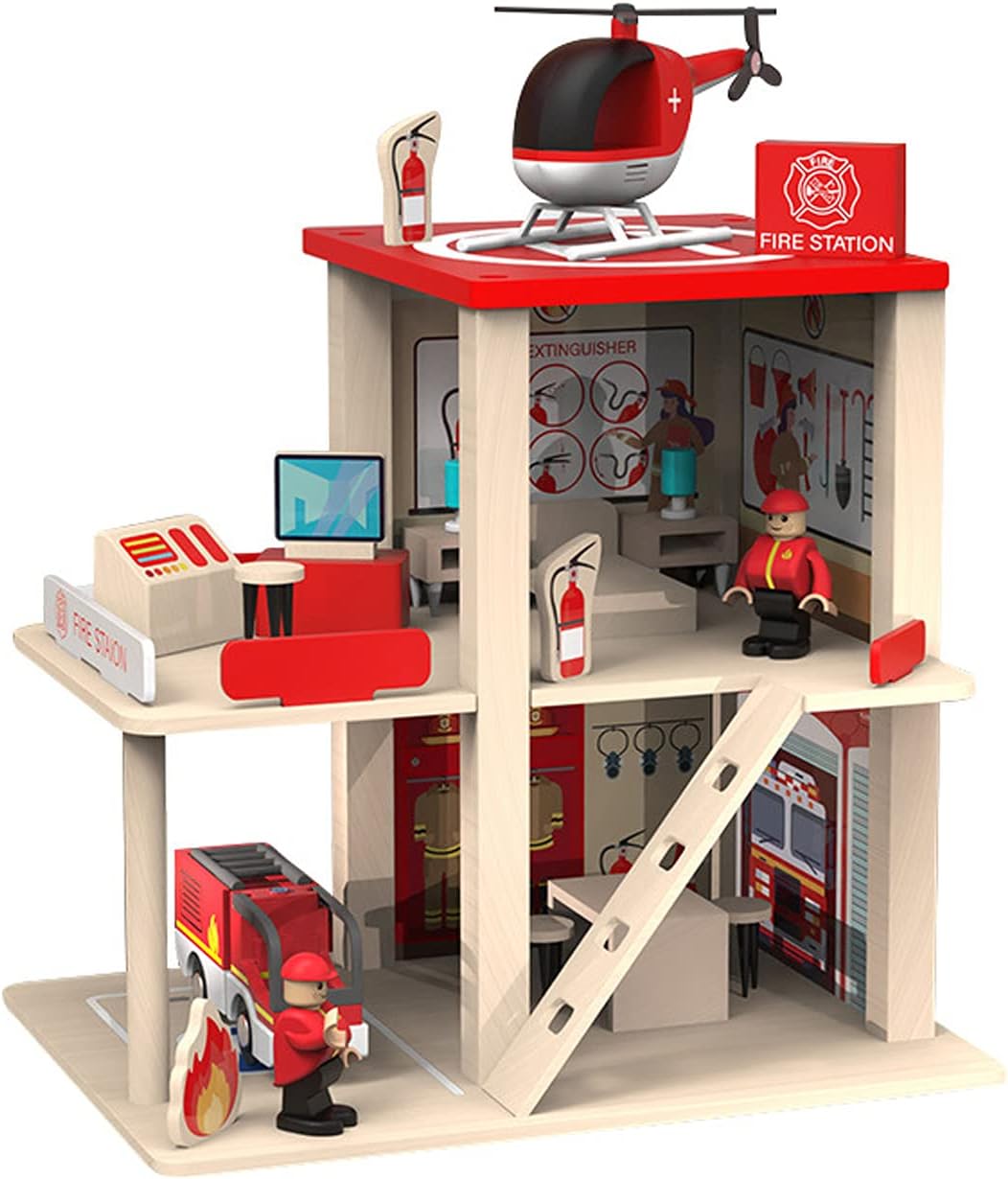 Wooden Fire Station Playset, Educational Toys for Toddlers Kids