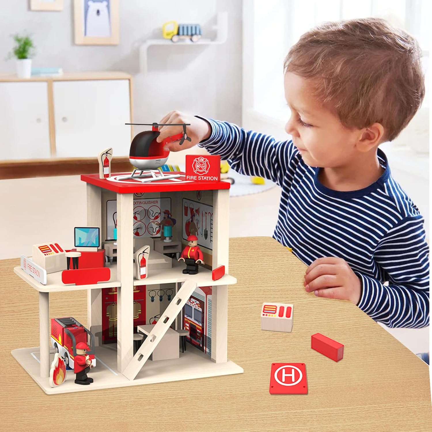 Wooden Fire Station Playset, Educational Toys for Toddlers Kids