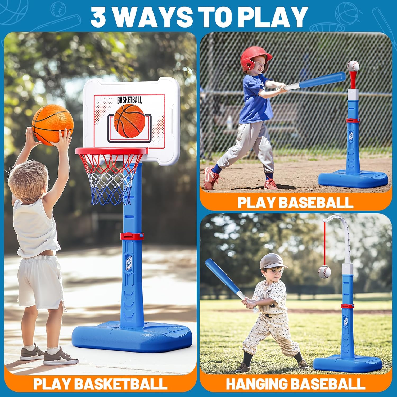 3 in 1 Kids Basketball Hoop and T Ball Set for Toddlers.